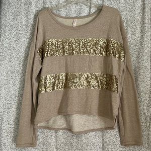 Long Sleeved Gold & Tan Sequined Top